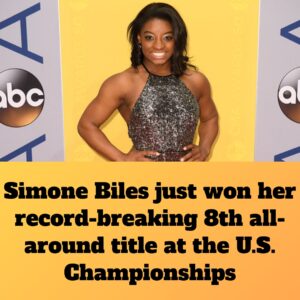 Photo of Simone Biles with the caption, Simone Biles has just won her record-breaking 8th all-around title at the U.S. Championships